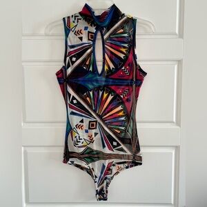 Vintage Topia Sheer Mesh Abstract Multicolor Geometric Lightweight Bodysuit L